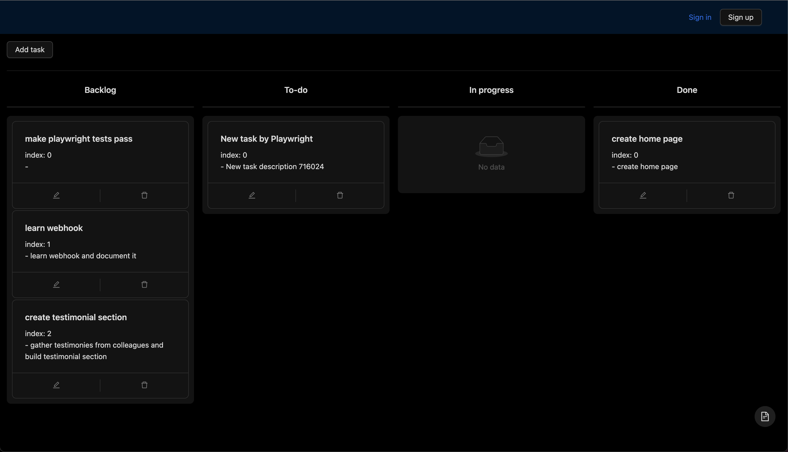 A clone for Kanban board, a project management tool that uses cards to track tasks and move them along a workflow.